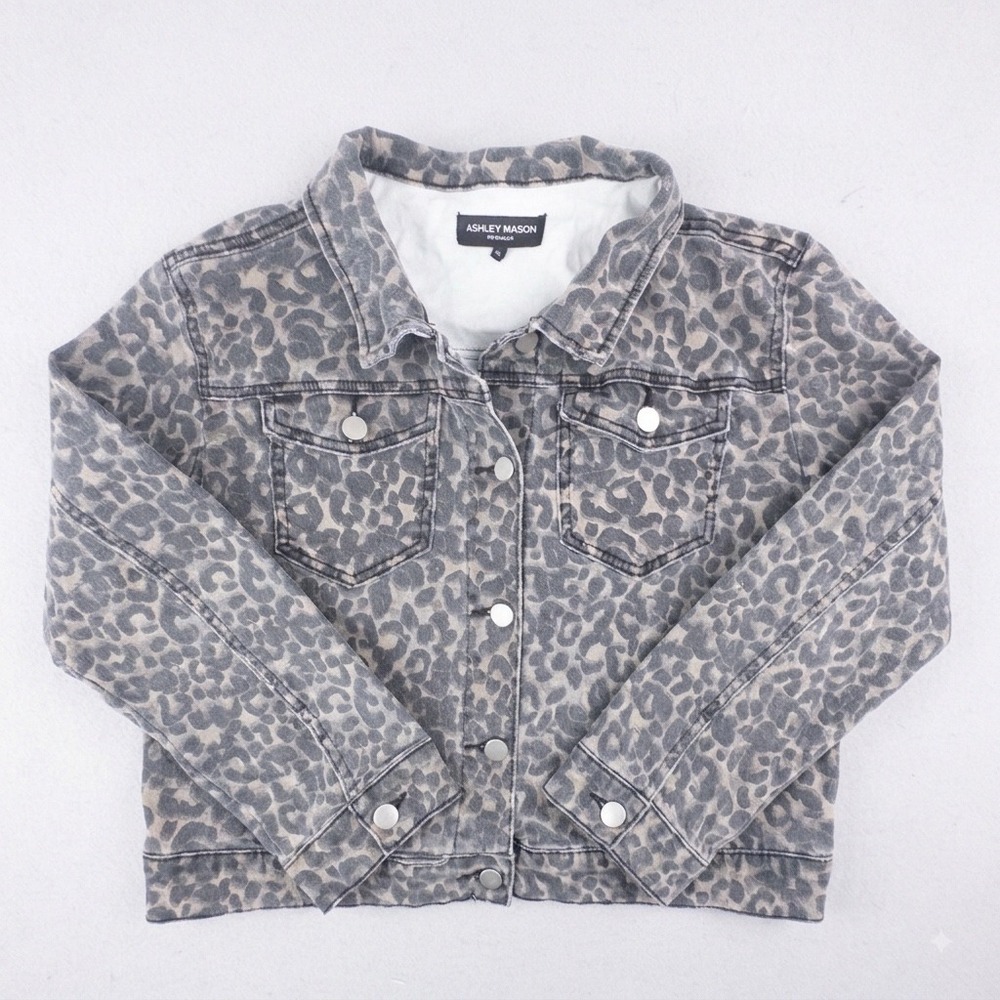 Ashley Mason Premium Leopard Print Denim Jacket Gray Grey Animal Print XL